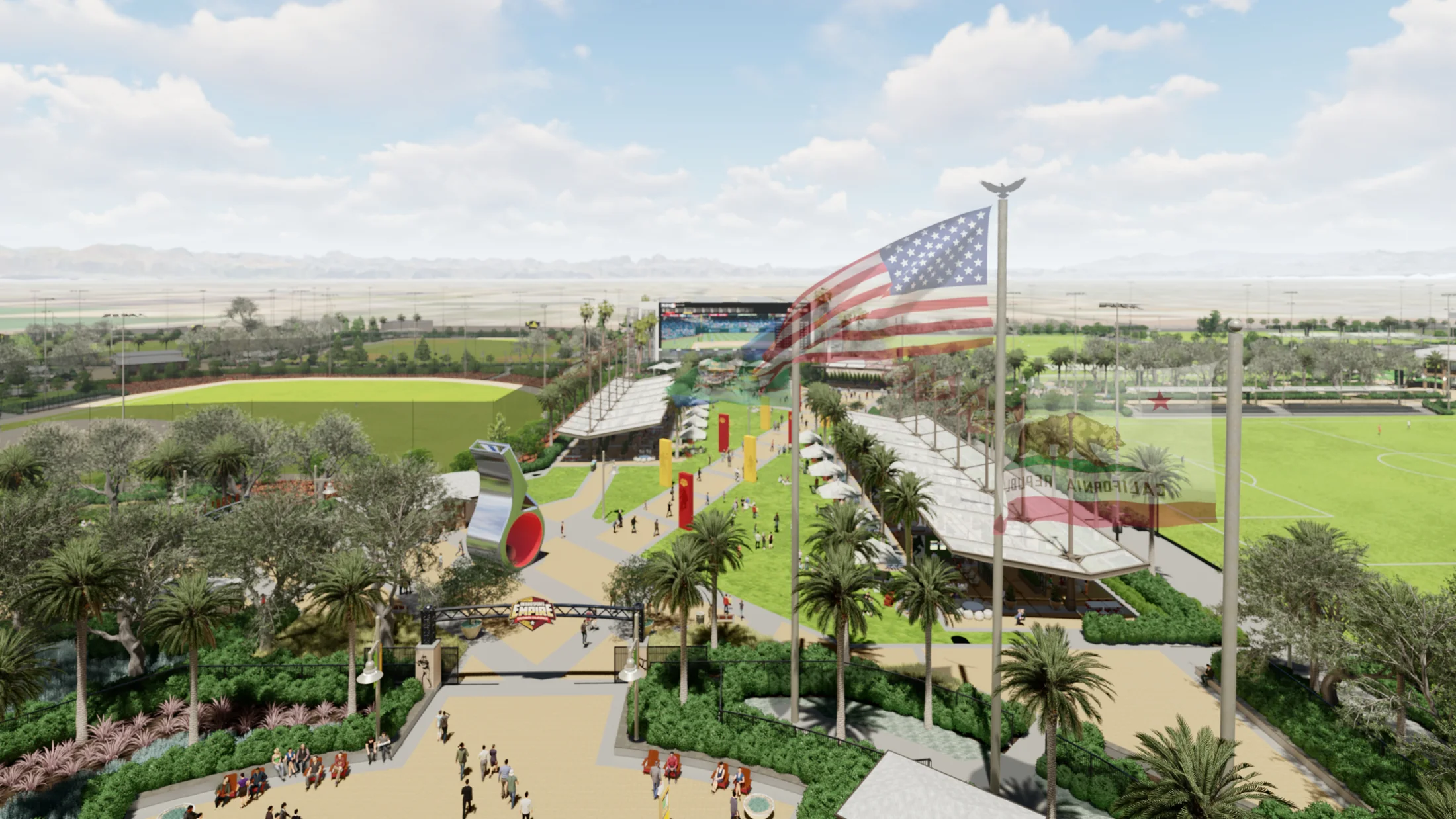 Architectural rendering of the planned family area and sports fields at Ontario Sports Empire