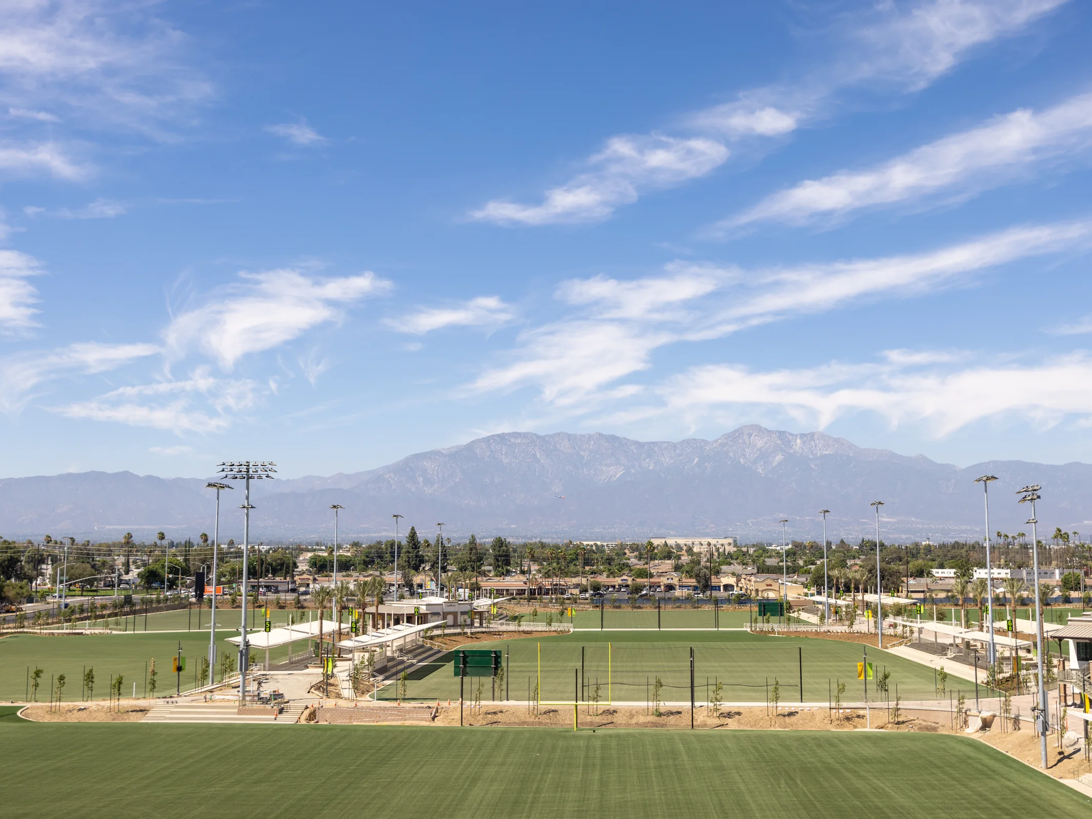 Ontario Sports Empire fields with the San Gabriel Mountains beyond