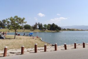 Lakefront and grass at Prado Regional Park in Chino