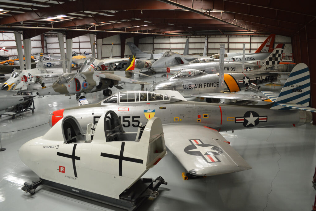 Post-war jet aircraft displayed inside Hangar 2 at Yanks Air Museum in Chino
