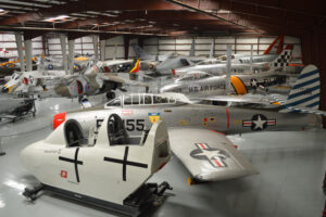 Post-war jet aircraft displayed inside Hangar 2 at Yanks Air Museum in Chino