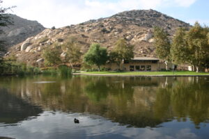 Pond and building at Mary Vagle Nature Center in Fontana