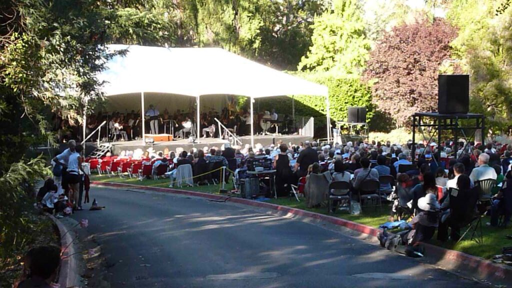 People relaxing on a lawn while listening to outdoor live music