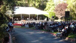 People relaxing on a lawn while listening to outdoor live music