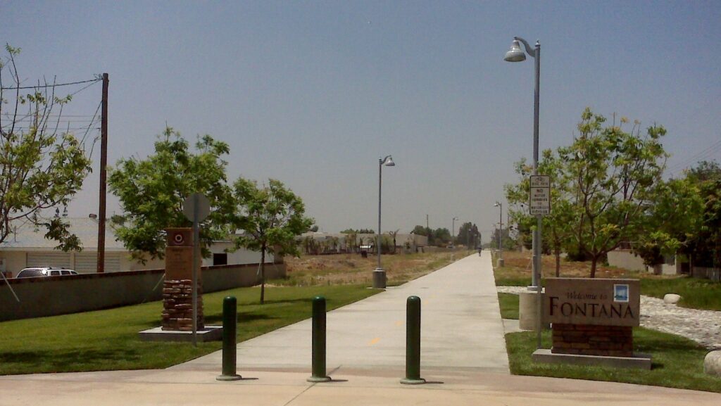 Pacific Electric Inland Empire Trail sign and trail view in Fontana