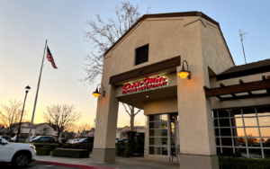Exterior of Cara Mia Italian Restaurant in Rancho Cucamonga at sunset