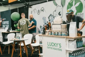 Lucky's Coffee Roasters coffee bar with coffee on tap and branded counter