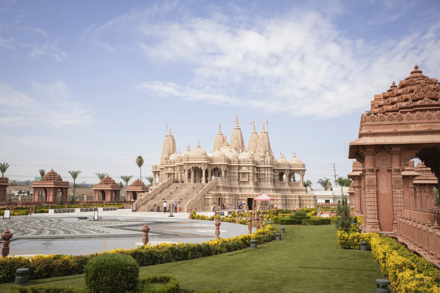 Mandir architecture and landscaped grounds in Chino Hills