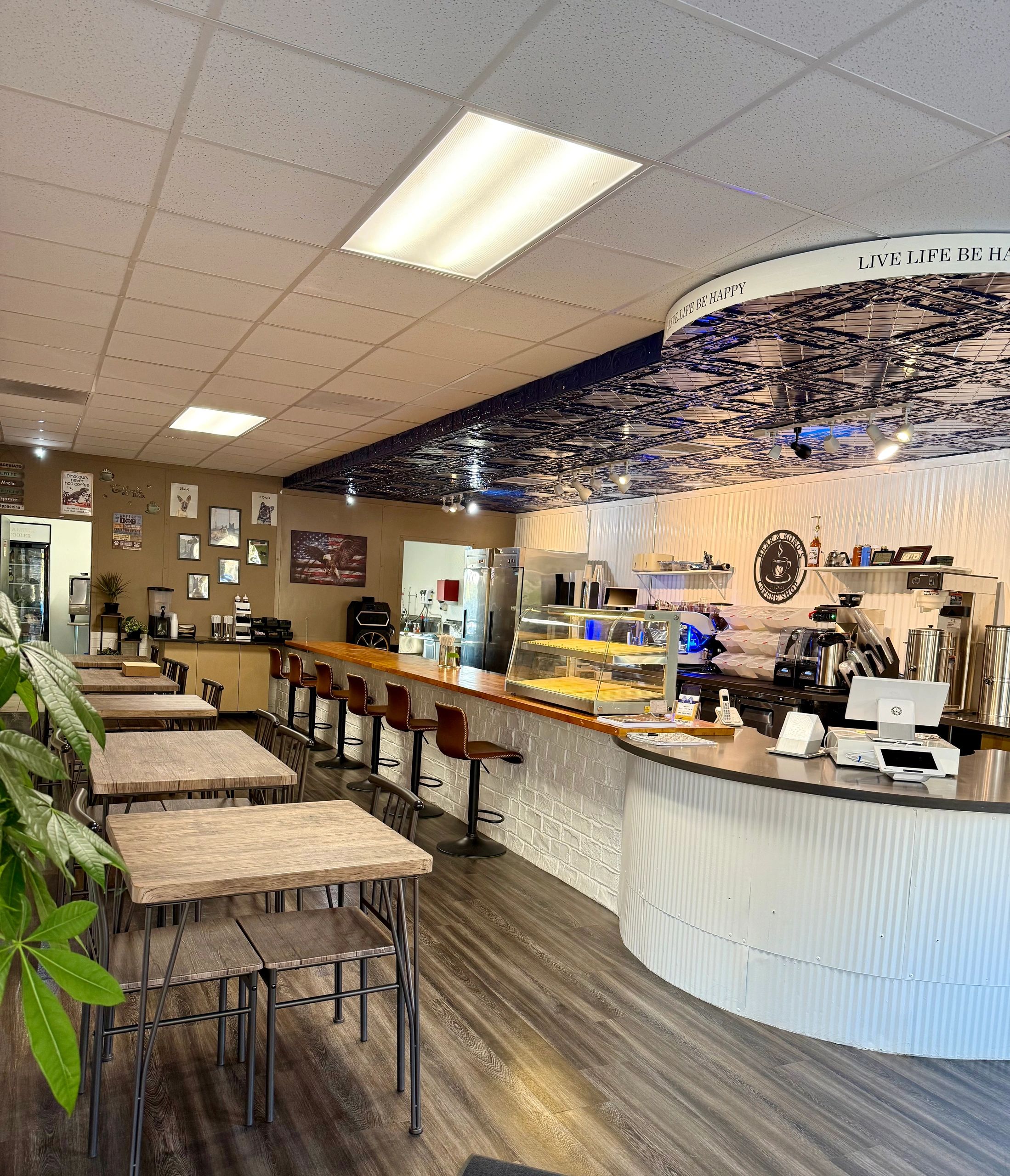 Coffee counter and seating at Bear and Kono’s Coffee