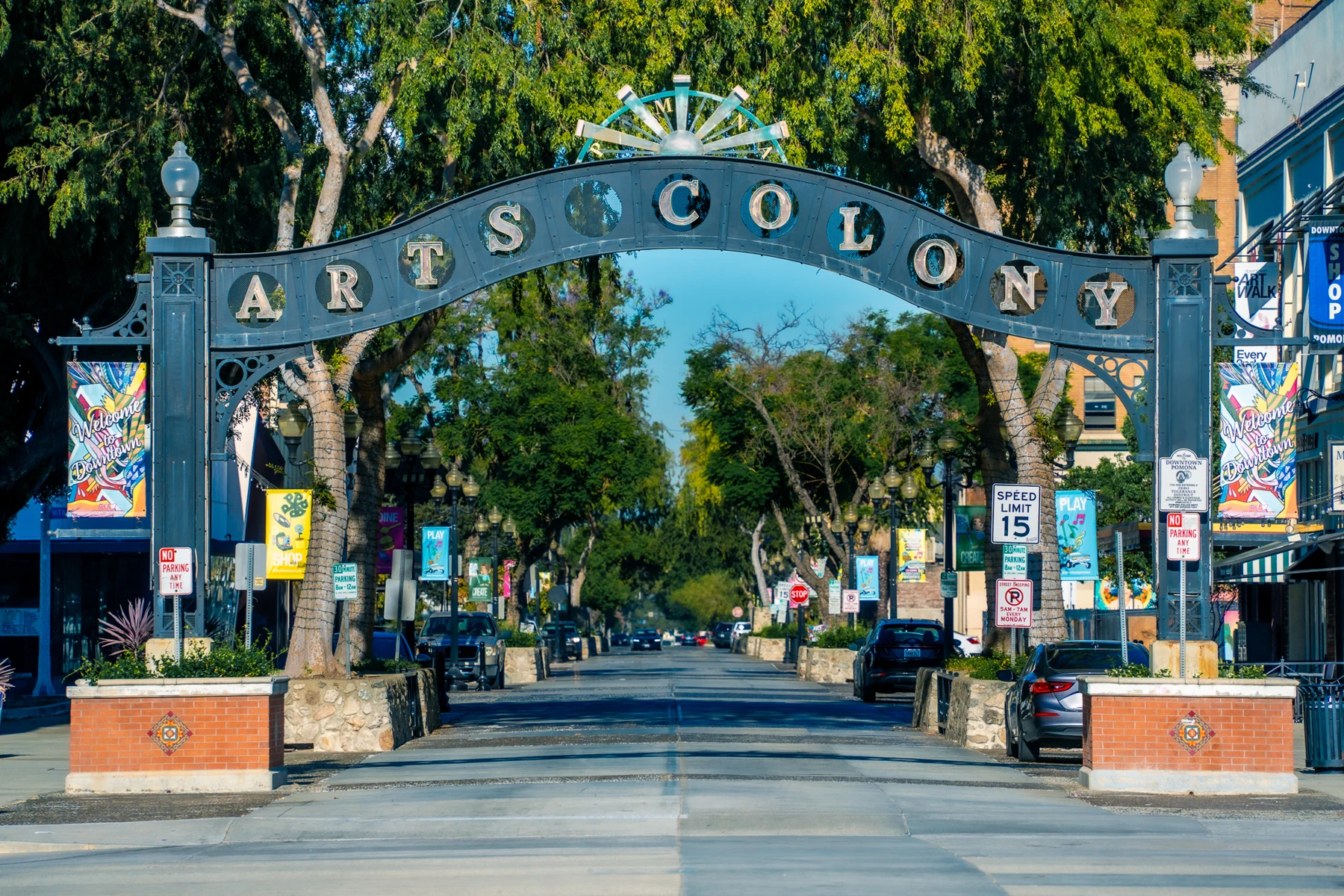 Arts Colony arch and downtown Pomona streetscape