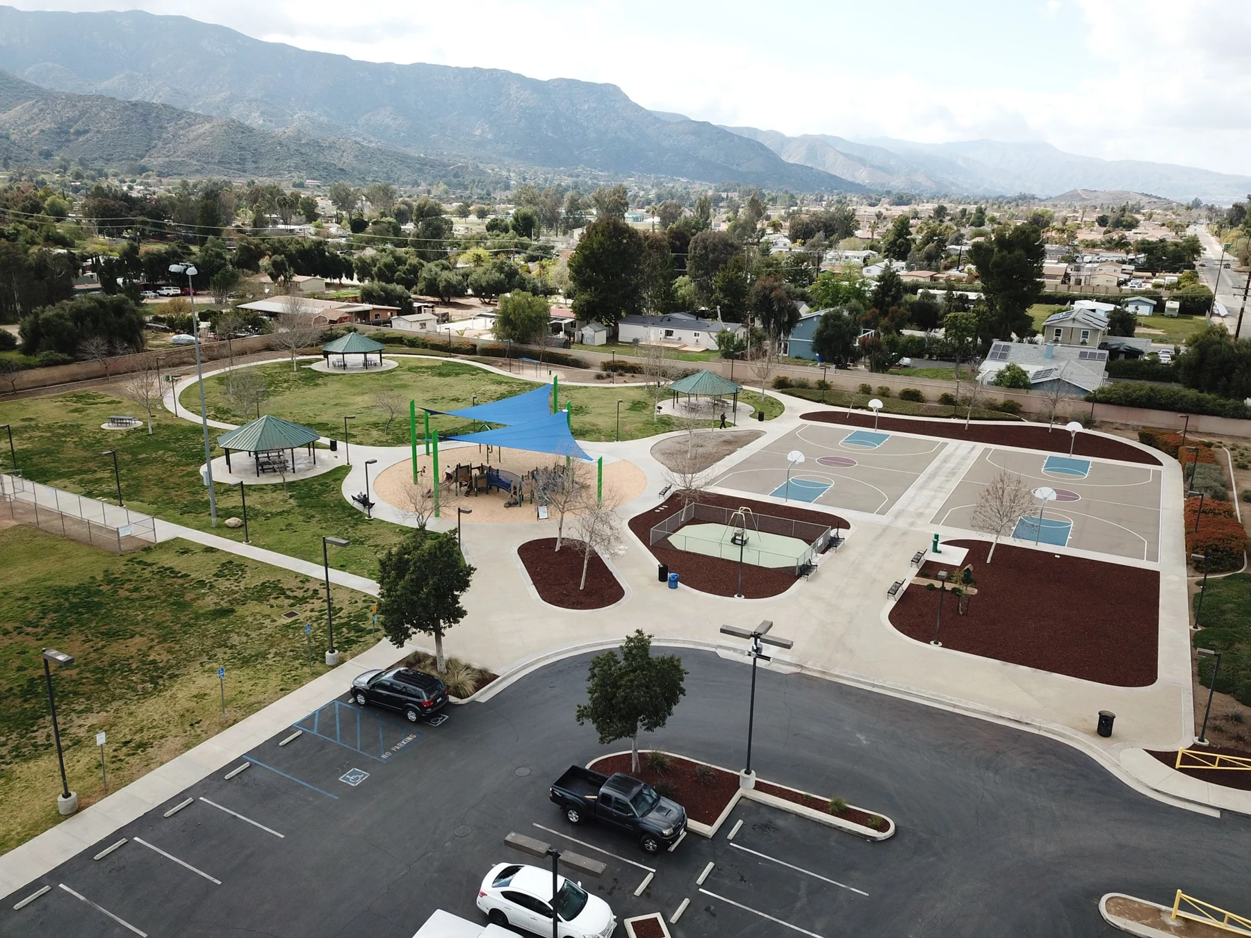 Aerial view of Marna O’Brien Park’s playground and basketball courts