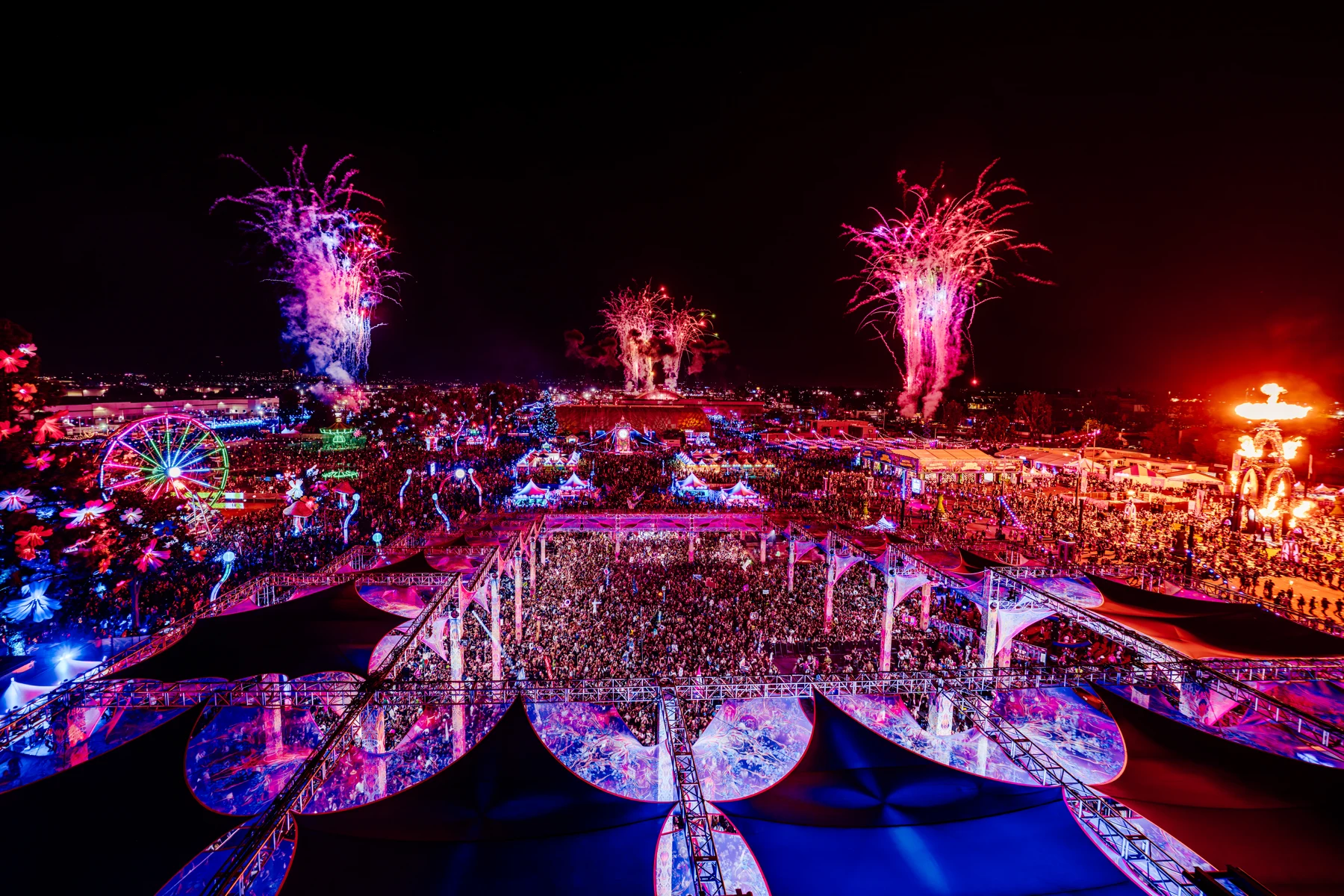 Aerial view of illuminated stages and crowds at Beyond Wonderland SoCal 2026