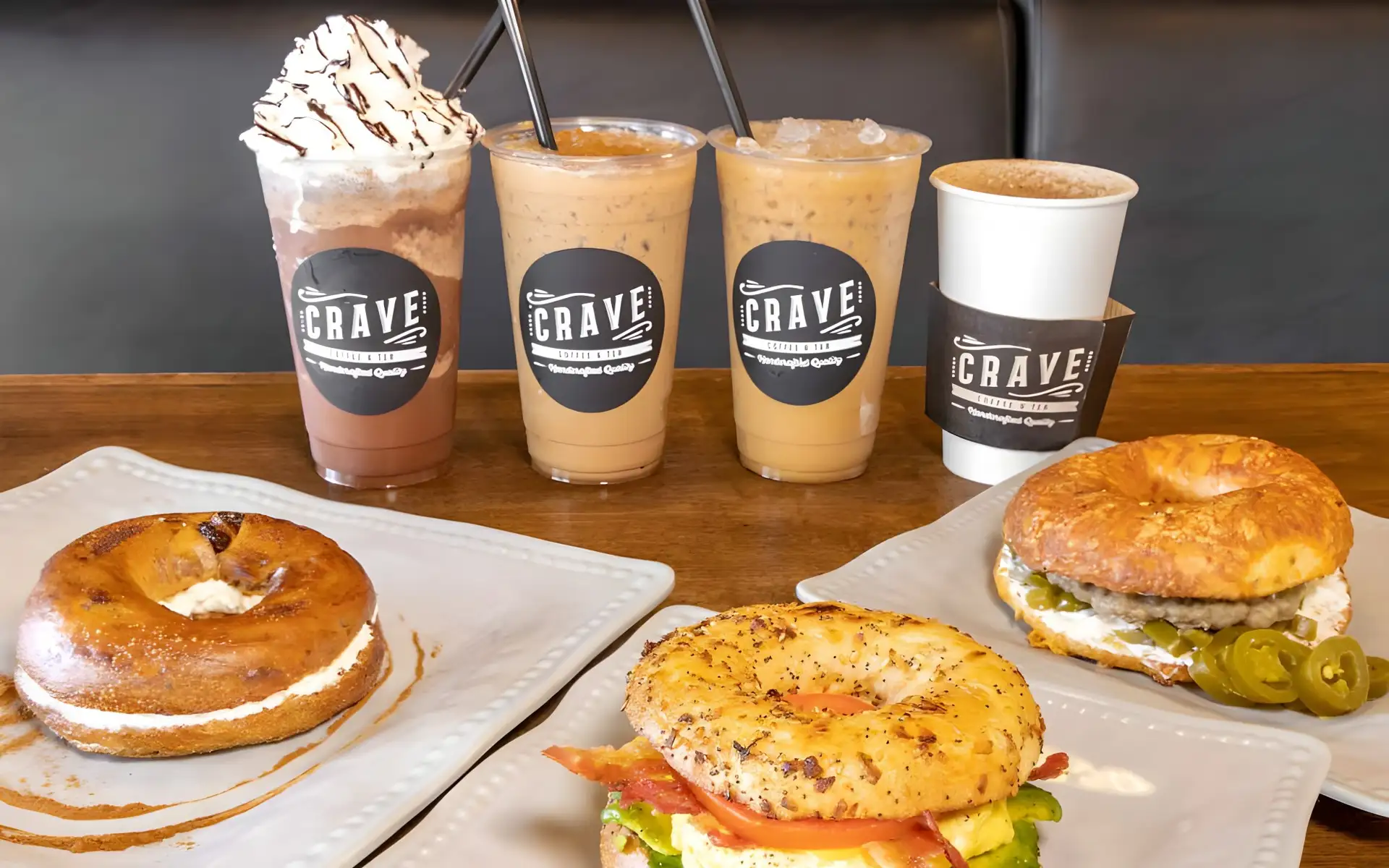 Crave Coffee and Tea drinks with bagels and breakfast sandwiches