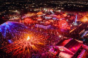 Aerial view of the festival grounds and Ferris wheel (2025)