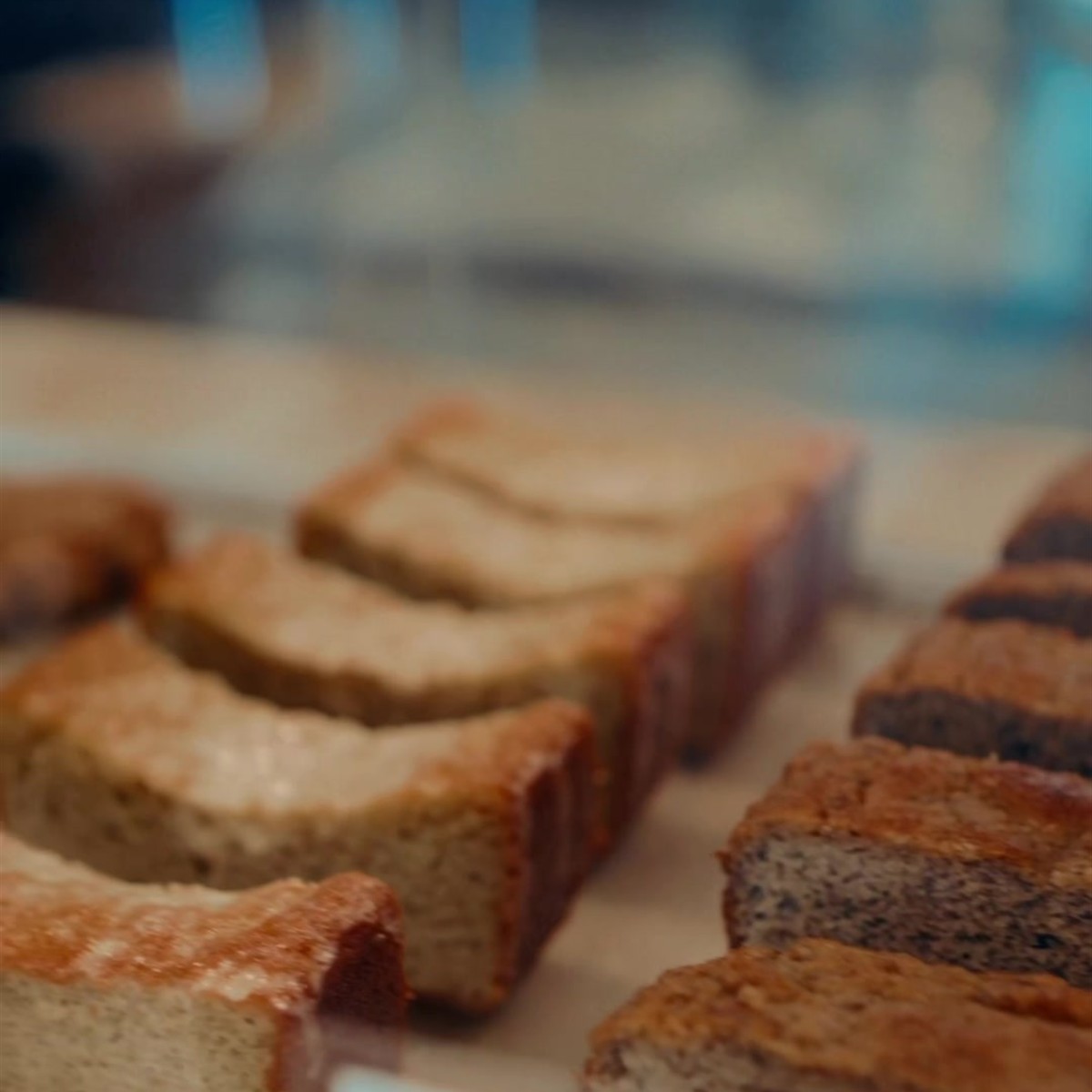 Loaves and pastries in the display case at Gaffle Coffee in Temecula
