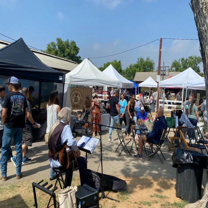 Outdoor market stalls and visitors