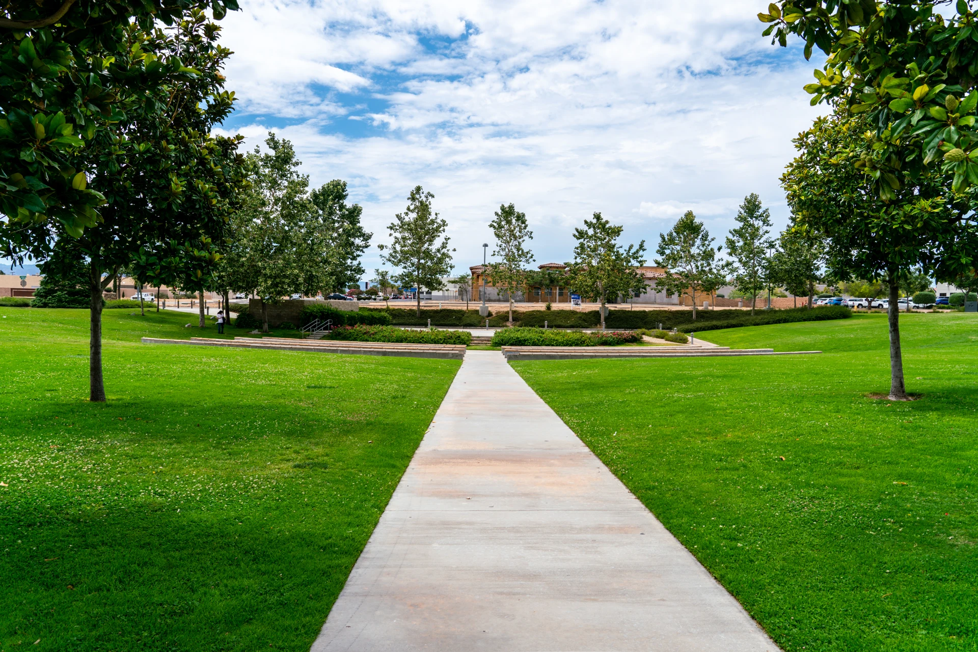 Walking path across Hesperia Civic Plaza Park