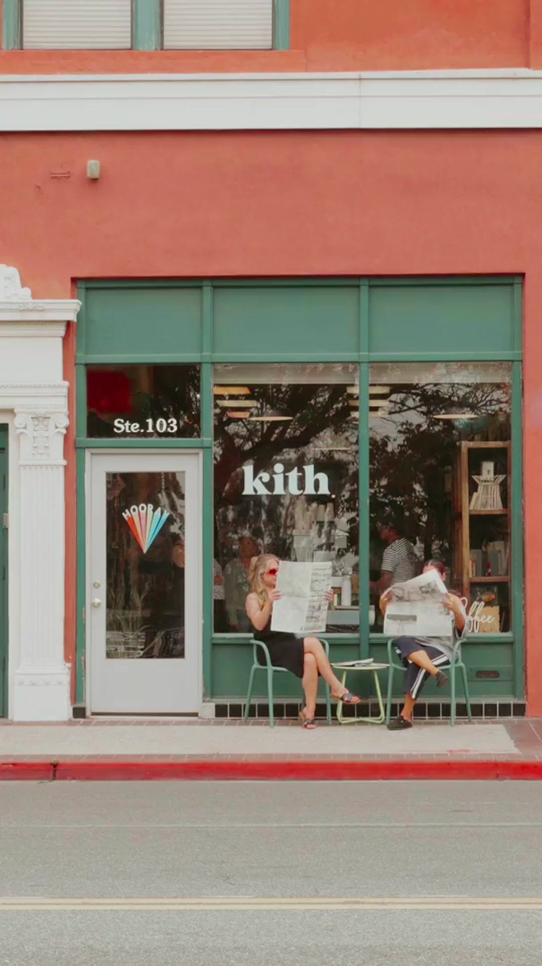 Sidewalk seating outside Hooray Coffee at Kith + Kissui in Downtown Redlands