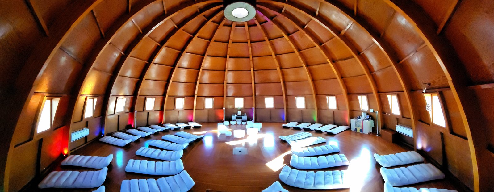 Mats arranged inside the wooden Integratron sound chamber