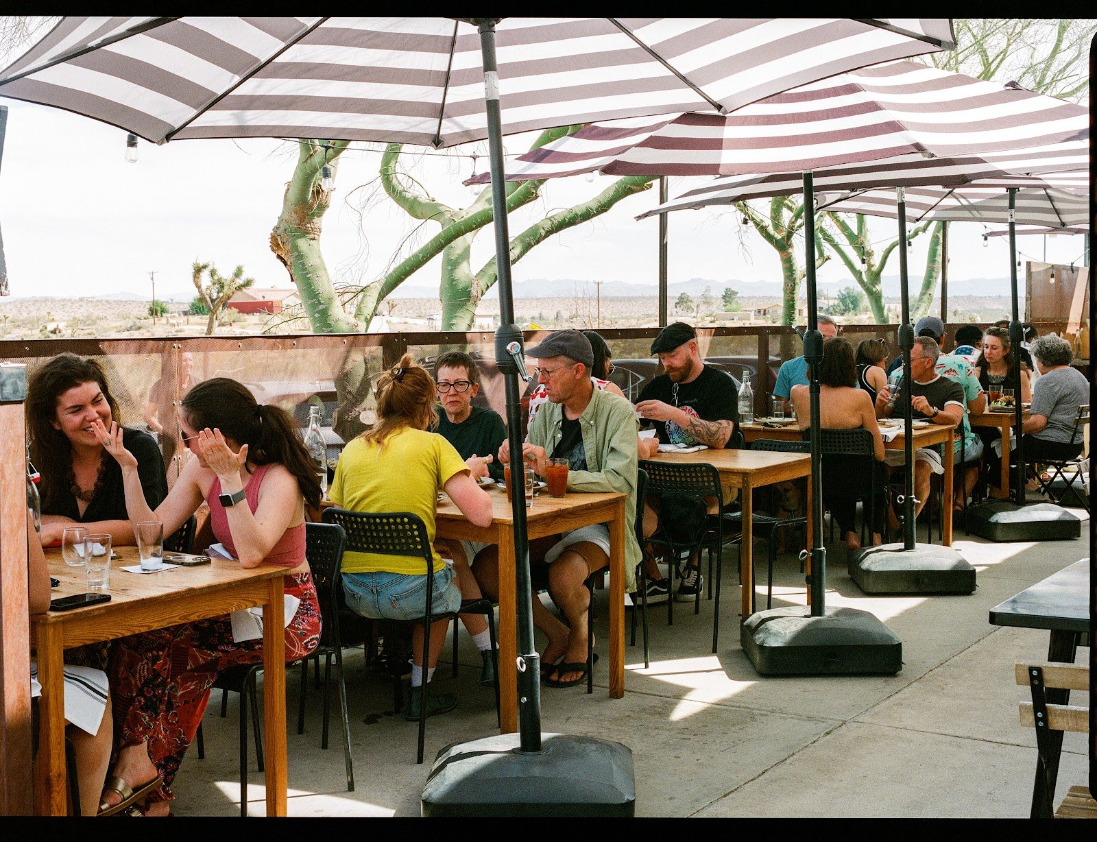 Guests dining on the shaded La Copine patio