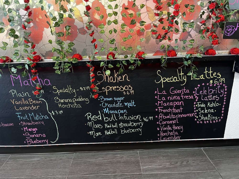 Drink menu board at Maas Coffee & More in Chino