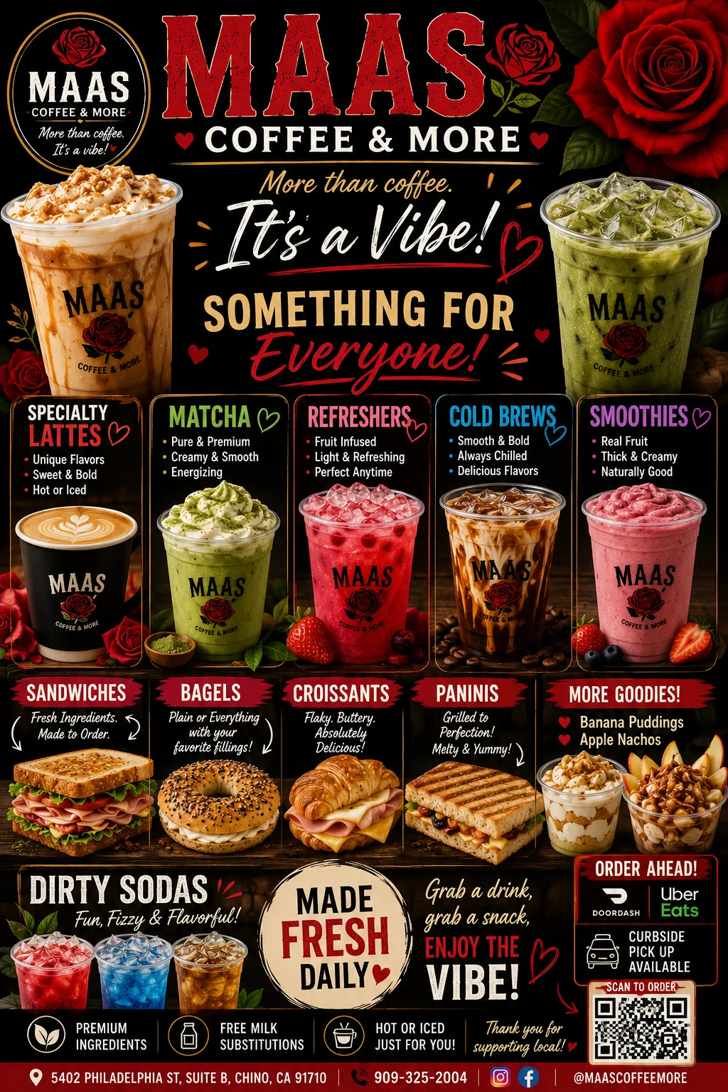 Maas Coffee & More drinks and food menu graphic