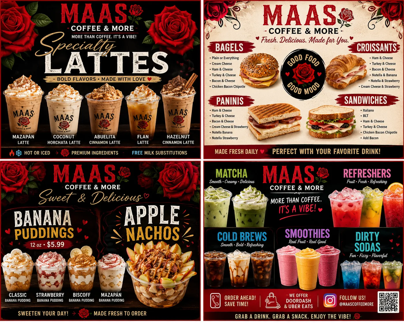 Maas Coffee & More menu overview with lattes, food, matcha, cold brews, smoothies, and refreshers