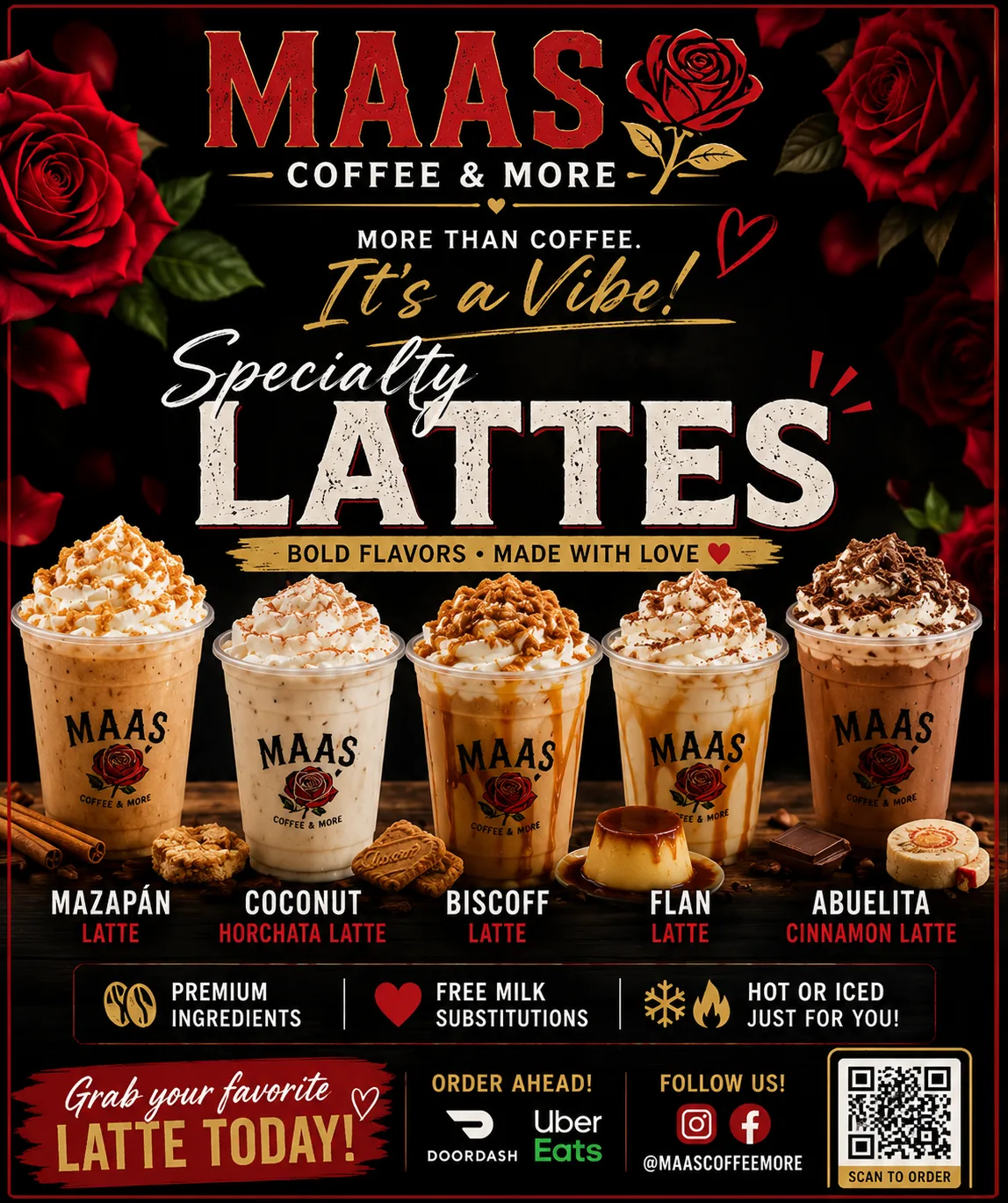 Specialty latte lineup from Maas Coffee & More