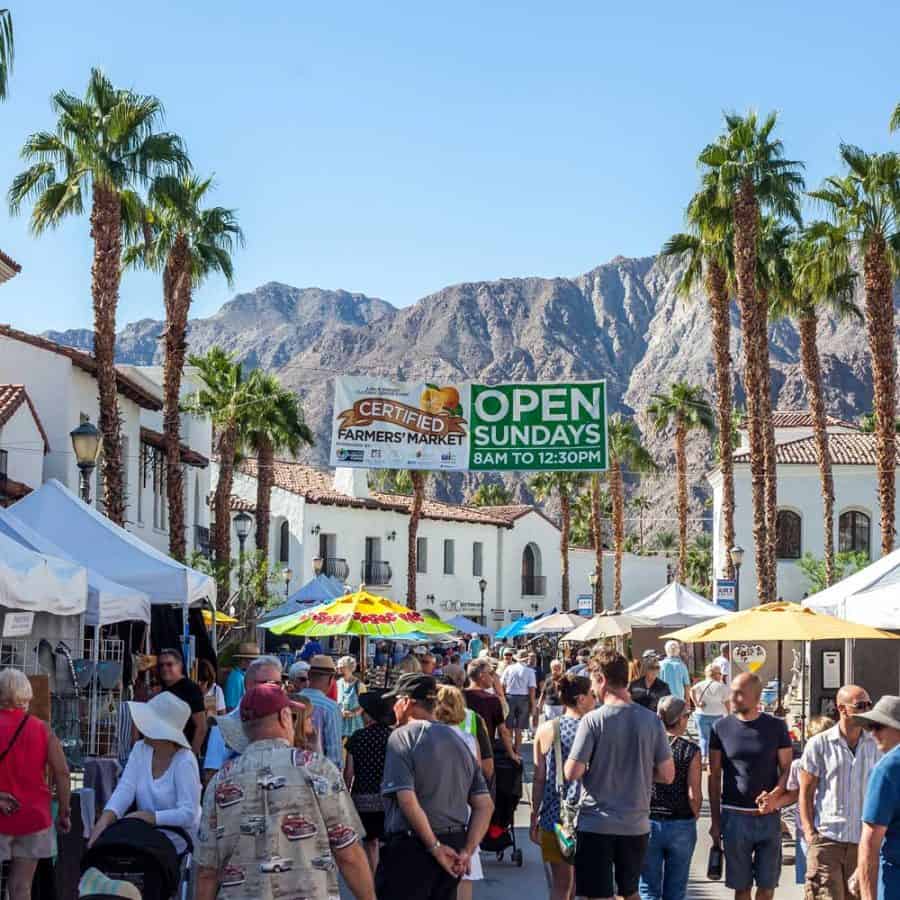 Visitors and vendor tents at Old Town La Quinta Certified Farmers Market