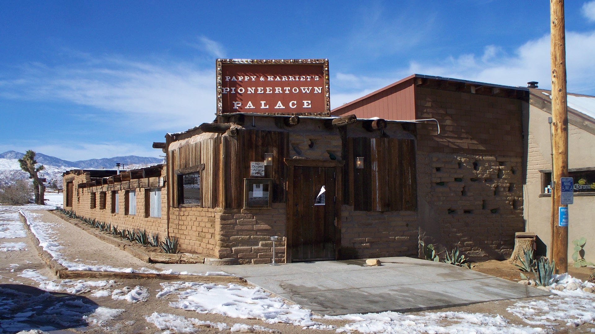 Pappy and Harriet's Pioneertown Palace exterior after snow in Pioneertown