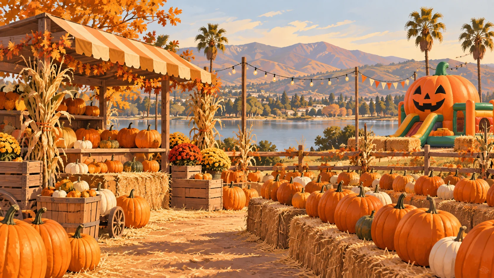 Illustration of pumpkins and an inflatable play area near a lake